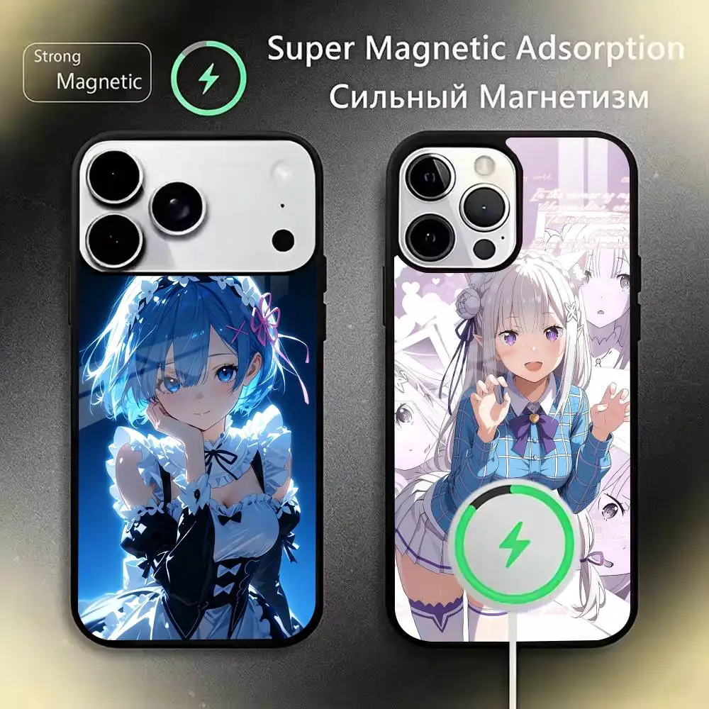 Cute Anime Rem and Emilia Phone Case For iPhone 17,16,15,14,13,12,11Plus,Pro,Max for Magnetic Wireless Charging