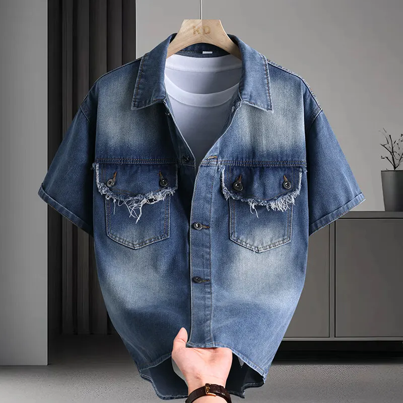 

2025 Summer new style Men's short sleeve casual shirts denim Shirt men fashion casual denim shirts men clothes size M-4XL