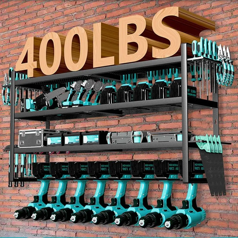 

4-Tier Heavy-Duty Wall-Mounted Tool Organizer, Holds 400lbs, 8-Spot Cordless Drill Rack for Garage, Workshop, and Garden