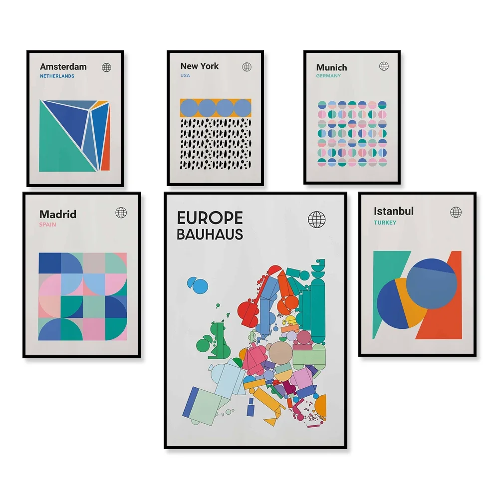 

Europe Map, New York, Munich, Germany, Italy, Venice, Madrid, Tokyo, Amsterdam, Istanbul Bauhaus Poster Mid-Century Travel Poste