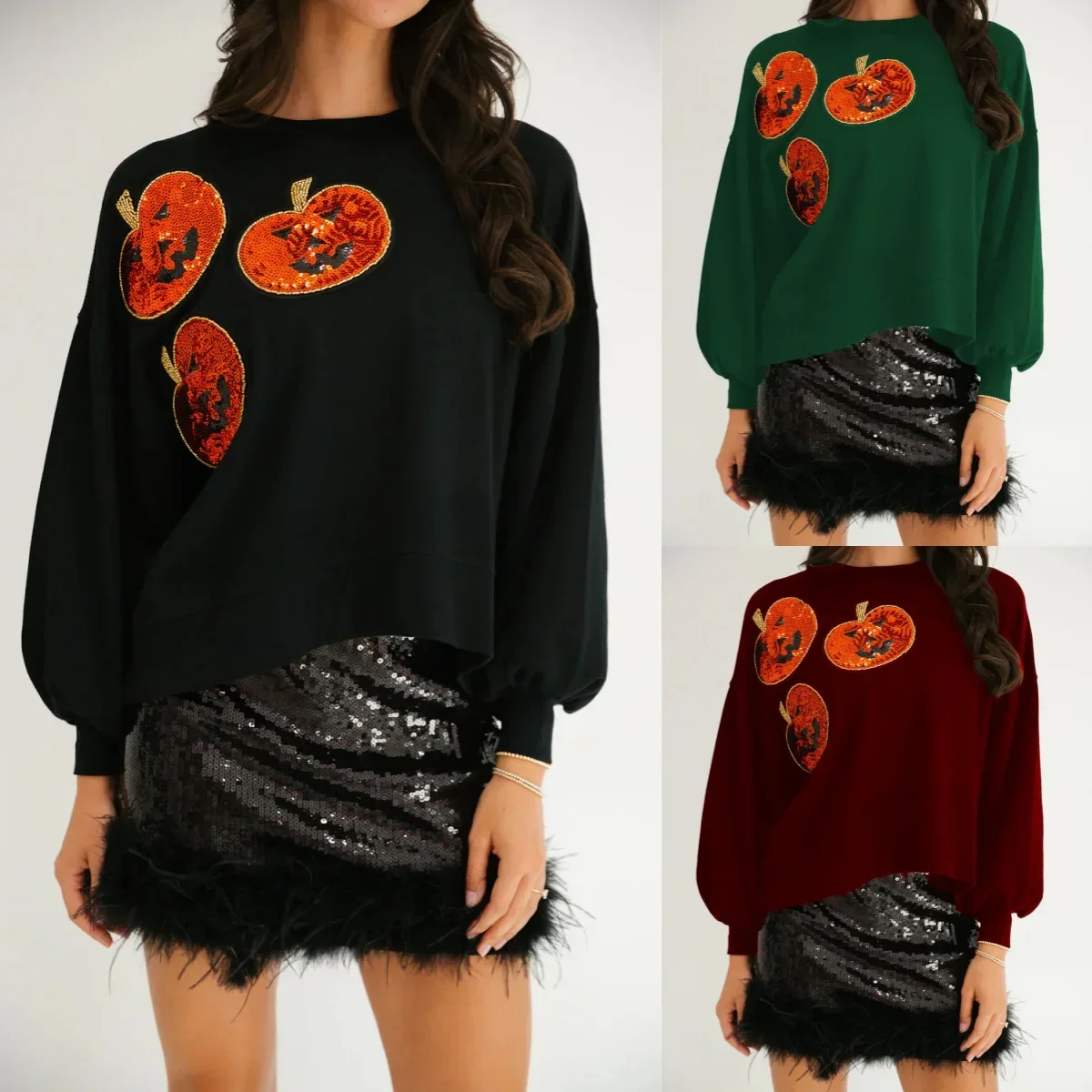 

Halloween Pumpkin Sequins Sweatshirts Women Autumn O-neck Casual Streetwear Long Sleeve Pullover Top Vintage Fashion Hoodies Y2K