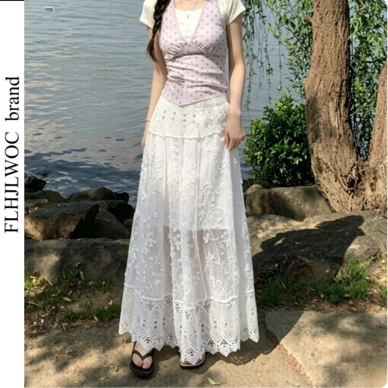 Cotton Hollow Out Crochet Long Skirts Cute Mori Girls Style Retro Vintage Beautiful Romantic Honeymoon Holiday Bohemian Skirt