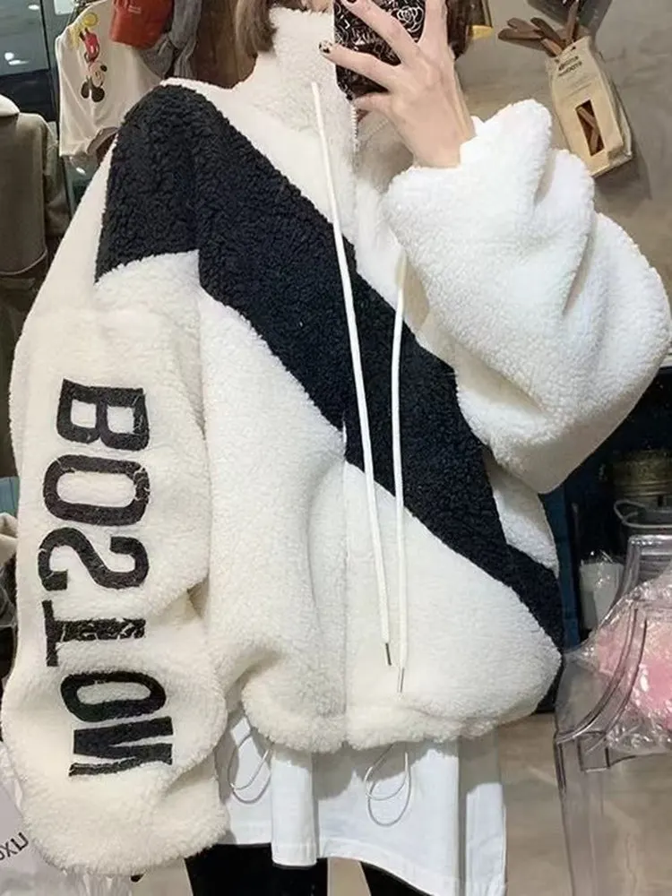 

Lamb Fur Jaet Women's Loose Stand Collar Thiened Warm Printed Cotton Coat Autumn Winter Outerwear Color Blo Design