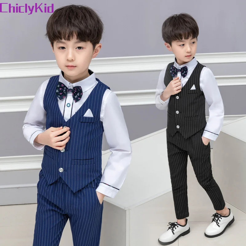 

Boy Striped Top Ring Bearer Waistcoat Clothes Sets Kids Formal Suits Child Tie Long Sleeve Shirt Vest Trousers Toddler Outfits