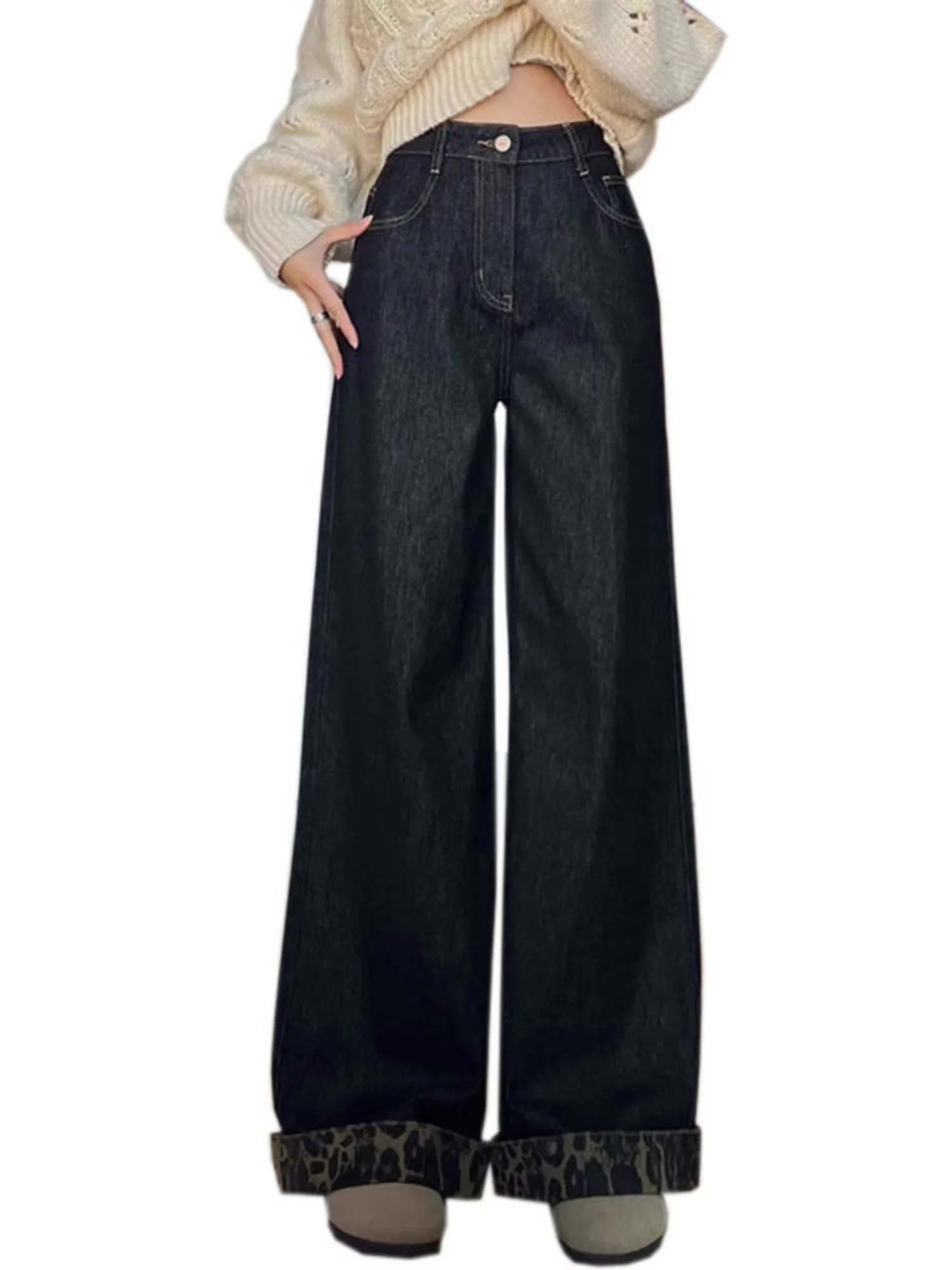 

Women's High Waist Wide Leg Jeans Leopard Print Detail Vintage Washed Denim Pants 2 Colors