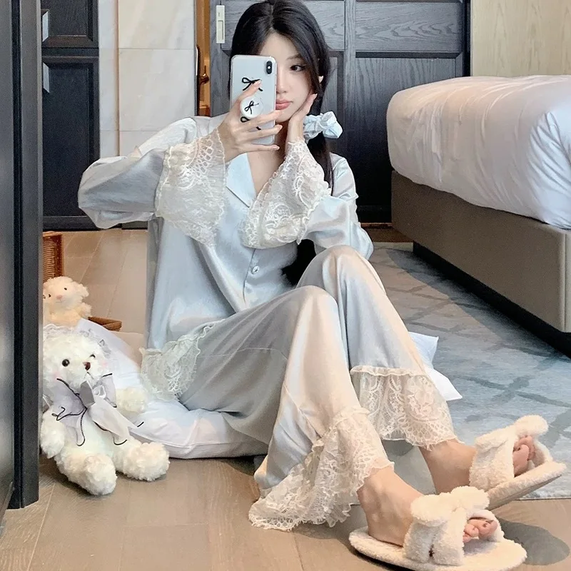 

2026 Lace Diamond Button Pajamas Temperament Loungewear