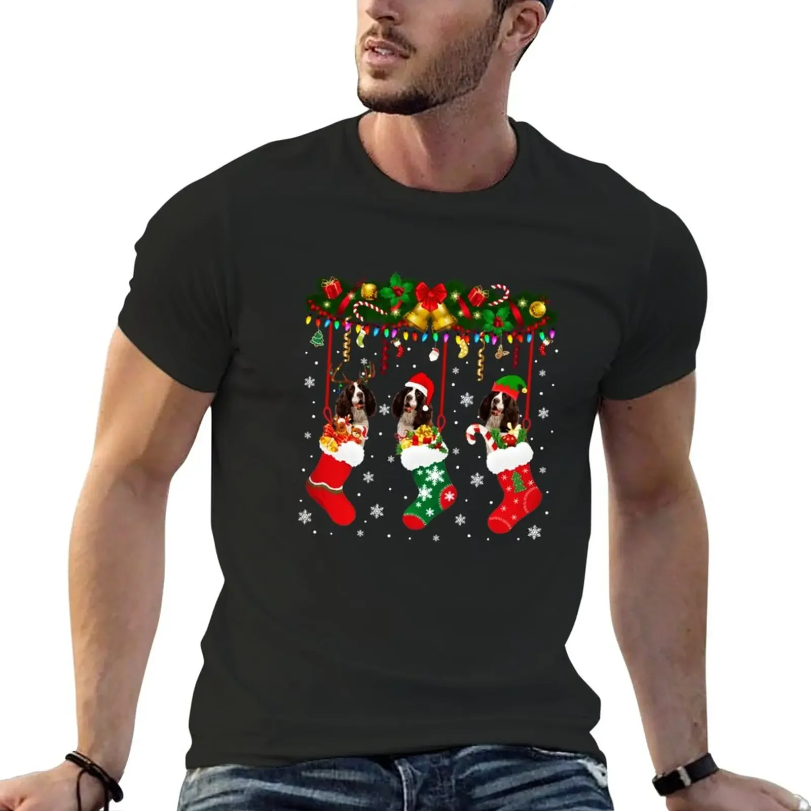 

English Springer Spaniel In Sock Xmas Reindeer Santa ELF Dog T-Shirt oversized Blouse graphics heavy weight t shirts for men