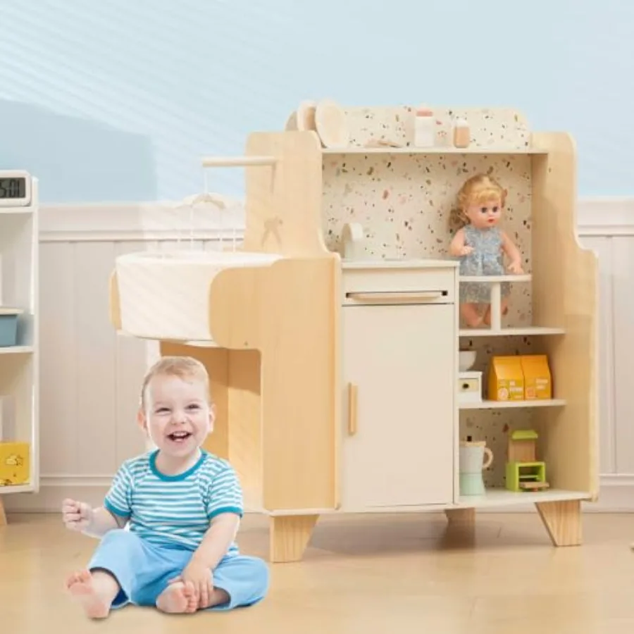 

Wooden Baby Doll Crib, 4-in-1 Montessori Role Play Toy for Ages 3-9: Kitchen Playset with Cradle, Natural Wood, Light Beige, Ec