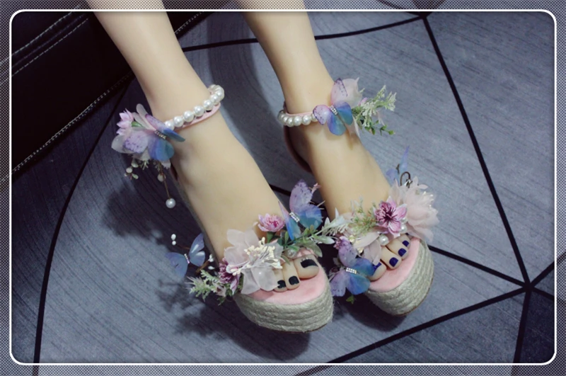 Summer Fairy Butterfly Flower Rope Braided Wedge Sandals Woman Pearl Strap Wedge Heel Platform Peep Toe Wedding Shoes