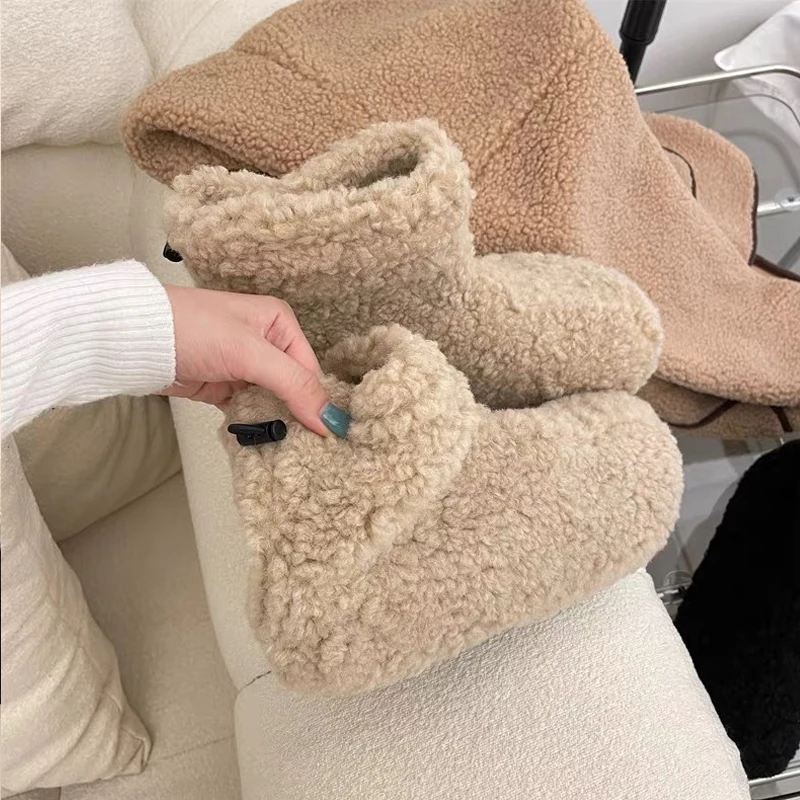 Soft Lambwool Boots Woman Korea Style Winter Thick Teddy Fur Ankle Booties Ladies Slip-on Warm Fluffy Flat Outdoor Cotton Shoes