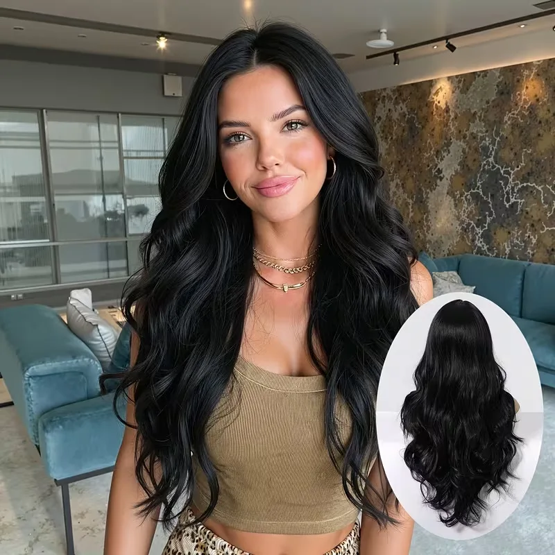 Women's middle-parted large wavy black long curly hair wig, long style, matte high-temperature fiber, simulated scalp, full head