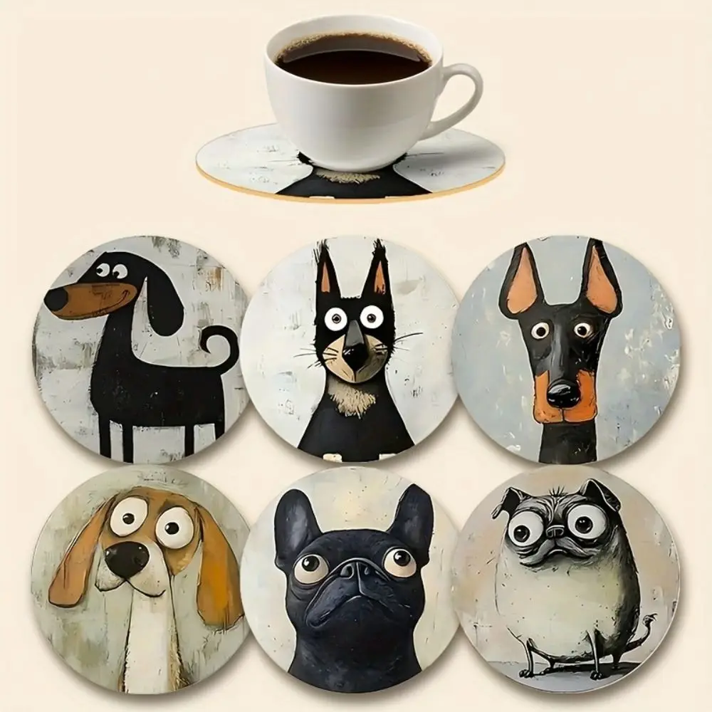 6pcs Portable Heat Insulation Wooden Dog Coasters Cute Pattern Drink Protection Cute Design Coasters Home Coasters Tea Time