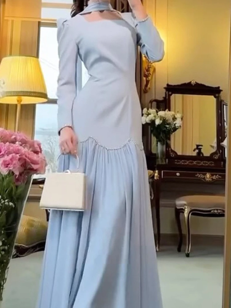 New Light Luxury Women's Dress  Item Handmade Diamond Inlaid Ribbon Design Long Sleeved Lady Slim Fit Dress Women's Clothing