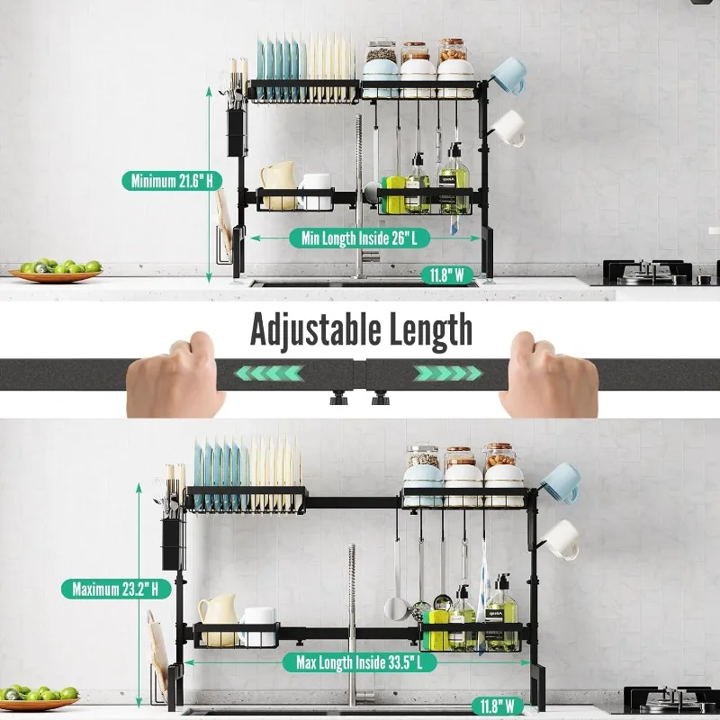 Over The Sink Dish Drying Rack Adjustable (Length and Height) Large Dish Rack, 2-Tier 4 Baskets Stainless Steel Dish Drainers