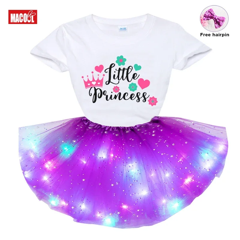 Kids Baby Girls Clothes Sets 2025 Summer Girl LED Short Sleeve T-shirt + Dress + Hairpin 3pc Sets Children's Clothing Dress Suit