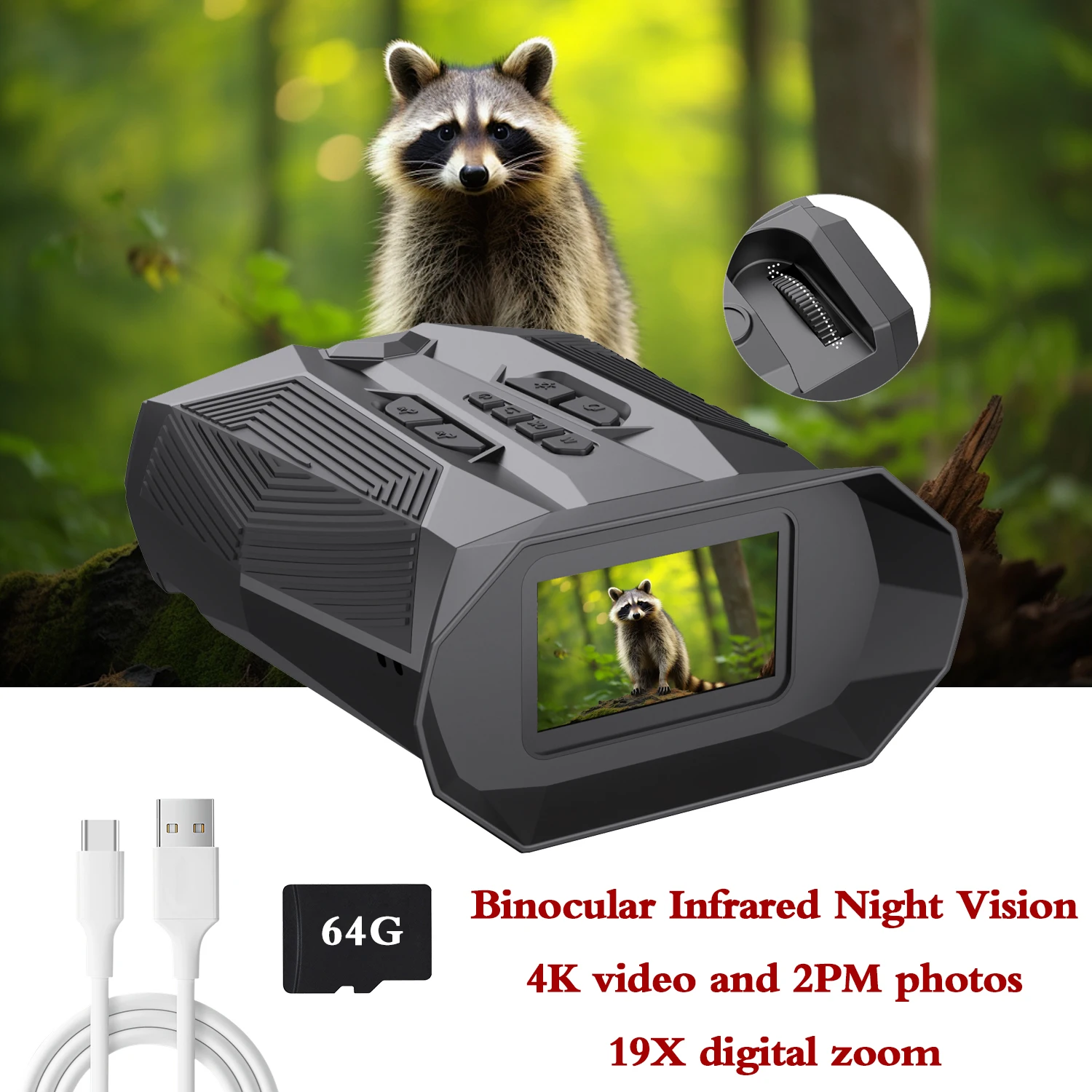 

Binocular Infrared Night Vision 3 inch HD Screen 19X Digital Zoom Auto-focus Can Video Photo Micro-light Full-colour Binoculars