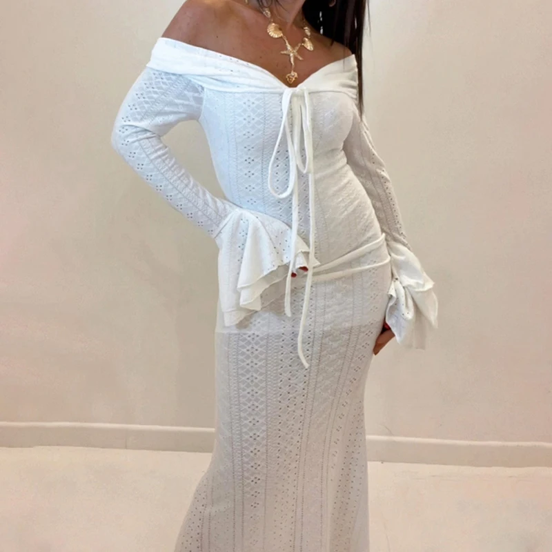 Ticketsx Solid Hollow ชุดสตรี Flare แขนยาวหนึ่งไหล่เซ็กซี่ชุดหญิงชุดราตรี Ruched Slim Dresses