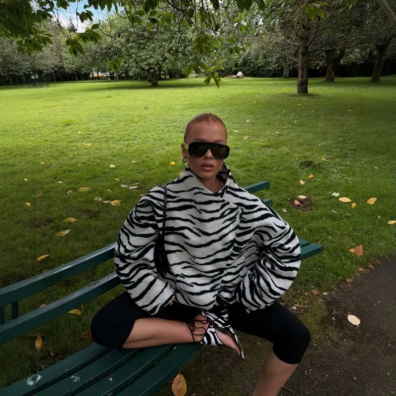 Women Zebra Print Fleece Coat European Style High Neck Loose Drop Shoulder Thick Warm Streetwear Short Jacket
