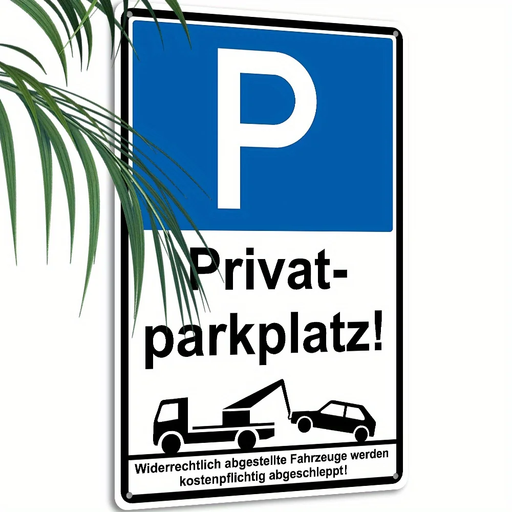 Señal de estacionamiento privado de metal resistente estilo vintage, gráfico de vehículo con símbolo P azul de zona de remolque alemán, sin necesidad de cableado, prohibido el acceso no autorizado