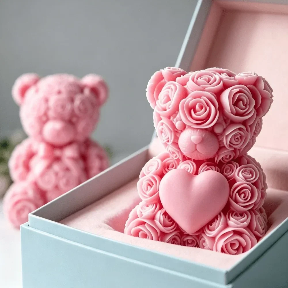 2-teilige Silikonform „Rosen-Teddybär“ mit Fliege für DIY-Seifen, Harzornamente und Jubiläums-Gastgeschenke – Detail 3