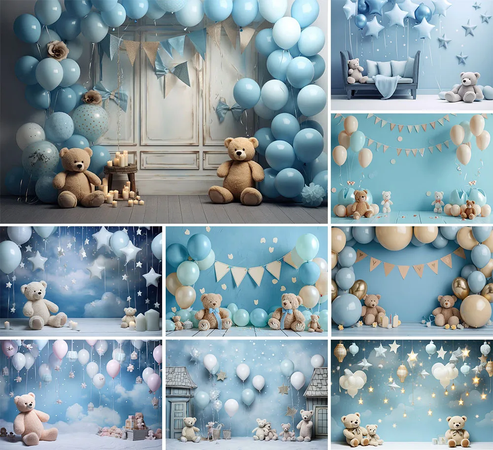 Mehofond Photography Background Baby Blue Cute Bear Balloon Kids Birthday Party Cake Smash Portrait Decor Backdrop Photo Studio