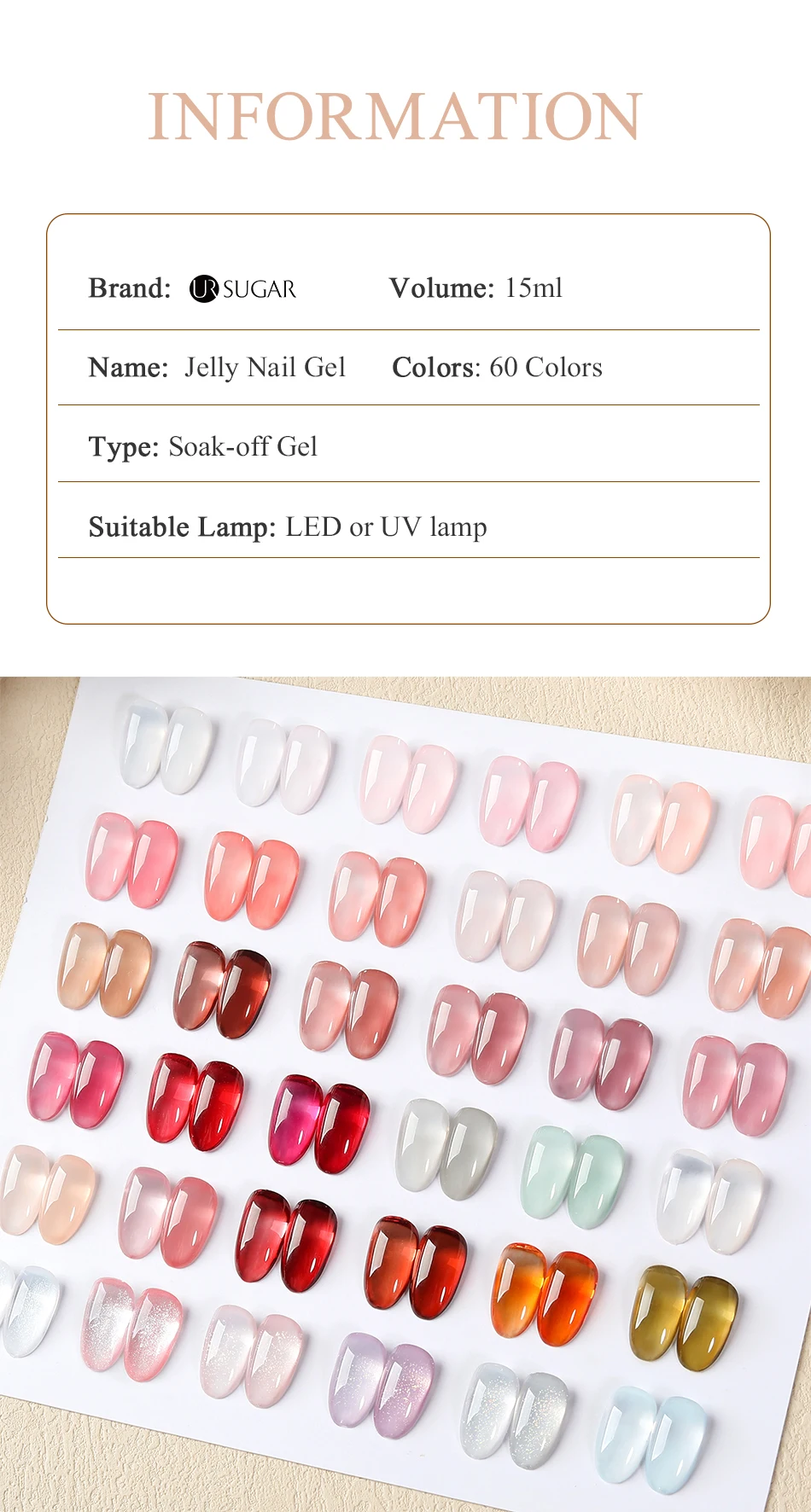UR SUGAR 15 ml Jelly Nude Gel Nagellack Hellrosa Durchscheinende Farbe Soak Off UV LED Gel Lack Nail Art DIY Mode Maniküre – Detail 2