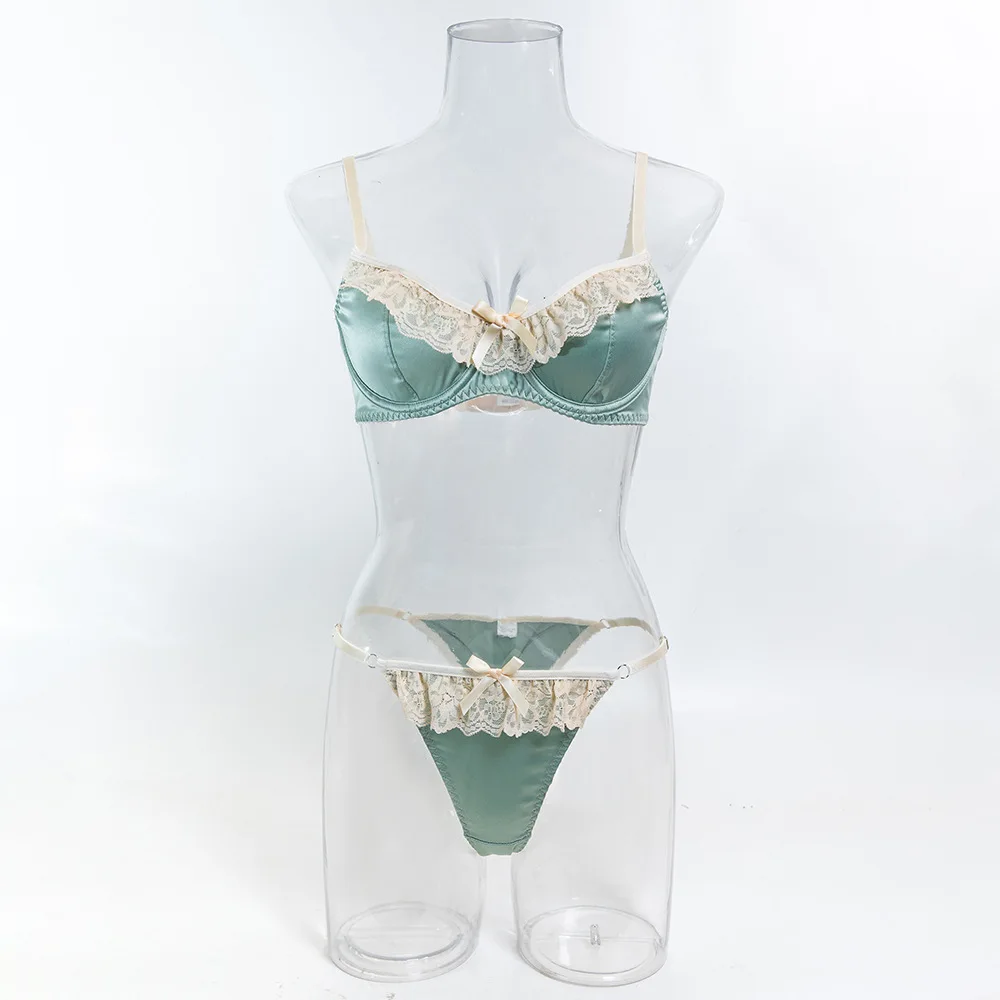 Women Vintage Green Satin Lace Lingerie Set Sweet Bow Underwear Lace Trim Underwire Bra Panty Suit Romantic Lady Daily Underwear