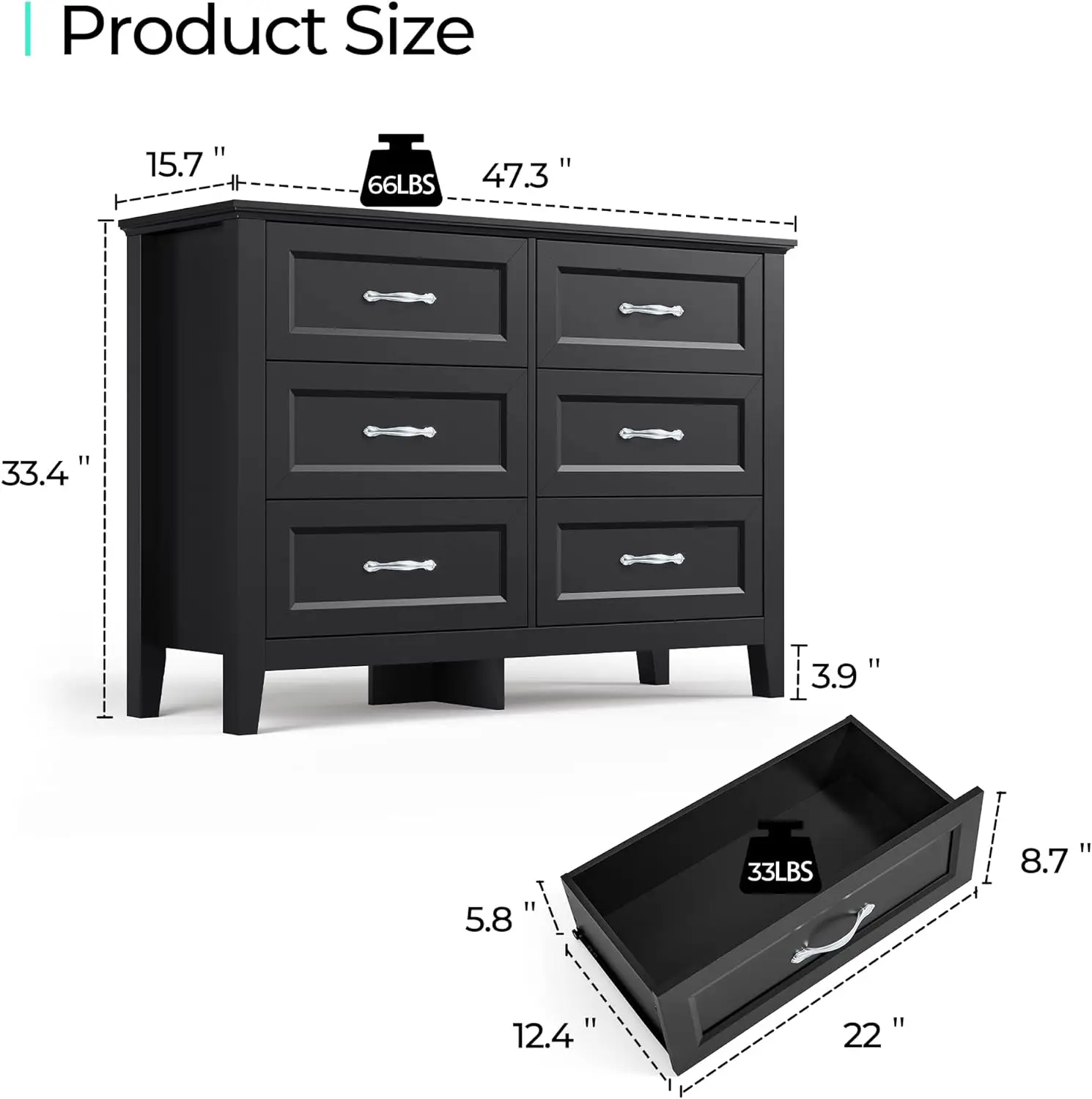 Black Dresser for Bedroom, Long Dresser with 6 Drawers, Wood Chest of Drawers w/ Metal Handles, Ideal for Living Room, Entryway