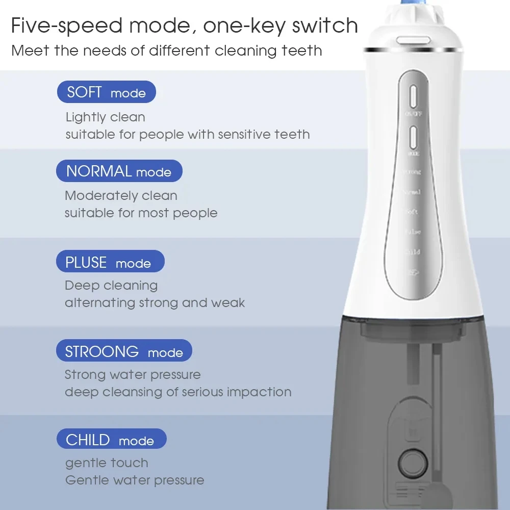 Rechargeable Oral Care Electronic Water Flosser, 5 Working Modes, 350ml, 6 Nozzles