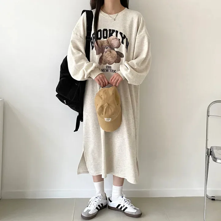 Japanisches Herbst-Winter-Frühlings-Langarm-Dünnes Kleid Damen Fleece-Oberteil Mittellanger Trendiger Rock Übergröße Lässiges Langes Kleid – Detail 2