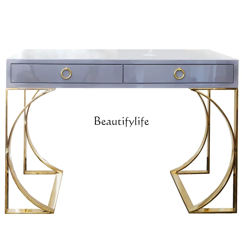 

ls 04Pastoral style desk, metal base, exquisite round window shape, highlight piano paint surface