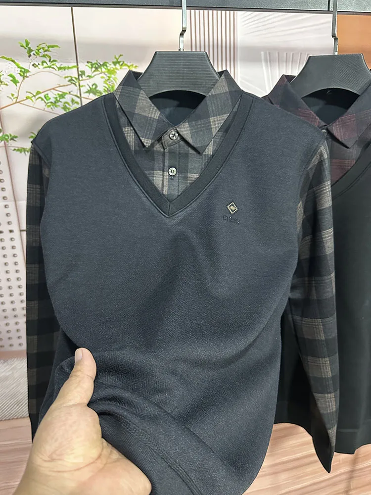 

Men's Autumn Winter Thiened Fce Lined Long Sve Knitted Sweater Fake Two-Piece Base irt Casual Sle Polyester Blend