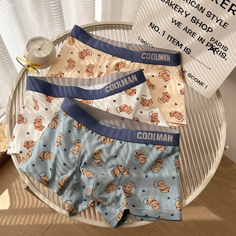 2024 New 4pcs Little Bear Men Underwear Mid Waist Pure Cotton Male Quadrangle Pants Comfortable Breathable Flat Angle Boxers