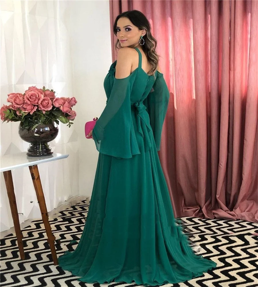 Dark Green Dubai Evening Dresses 2025 Off Shoulders Chiffon Prom Dress Elegant Holiday Long Sleeve Formal Occasion Customized