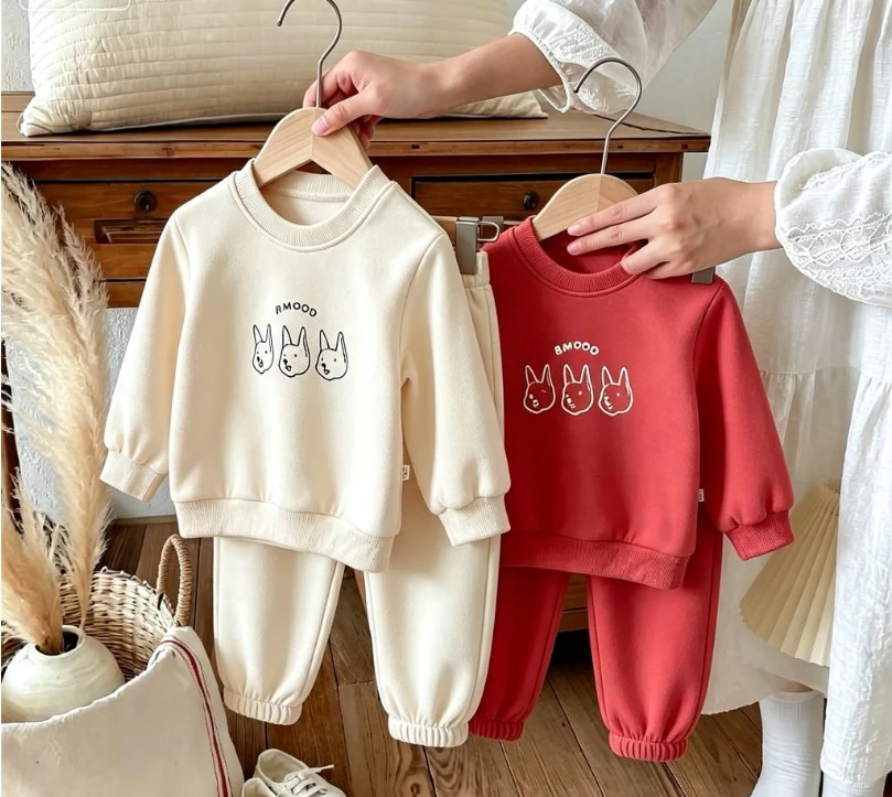 Small Kid Three Dog Print Two Piece Tracksuit Soft Cotton Crew Neck Sweatshirt And Elastic Cuff Jogger Pants Kid Popular Suits