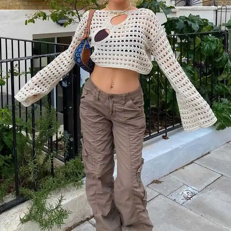 

Vintage 90s Knitted Hollow out Crop Sweater Loose Fit Pullover Low Waist ort Bamboo Fiber Women's Faion Spring Collection