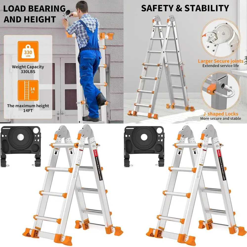 

Телескопическая алюминиевая лестница 14 футов с 4-ступенчатой многопозиционной, противоскользящей А-образной рамой, съемным лотком для инструментов, емкостью 330 фунтов для использования в помещении
