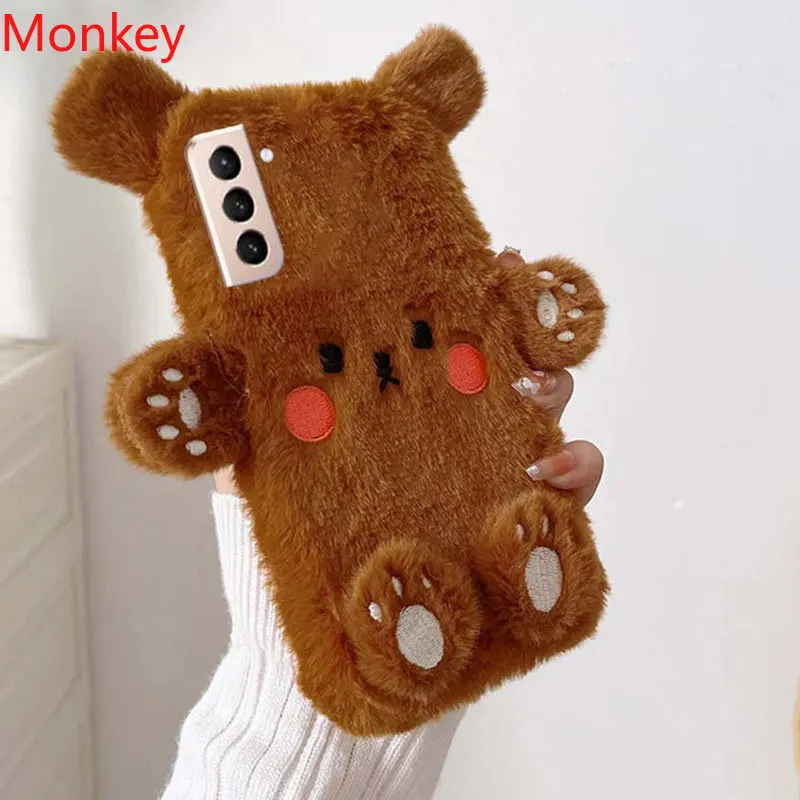 Cute Brown Bear Fur Phone Cases For Samsung S23 S22 S21 FE S20 Note20 A21S A71 A12 A22 A32 A52S A72 Autumn Winter Tpu Case Cover