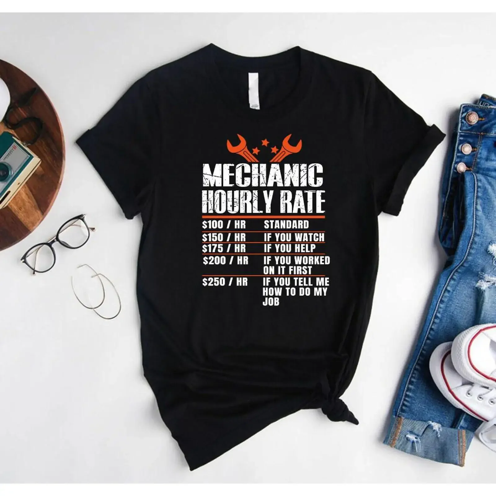 Funny Mechanic Hourly Rate T Shirt Humorous Garage Handyman Fathers Day for Dad Men vintage Washed Top For Everyday Wear