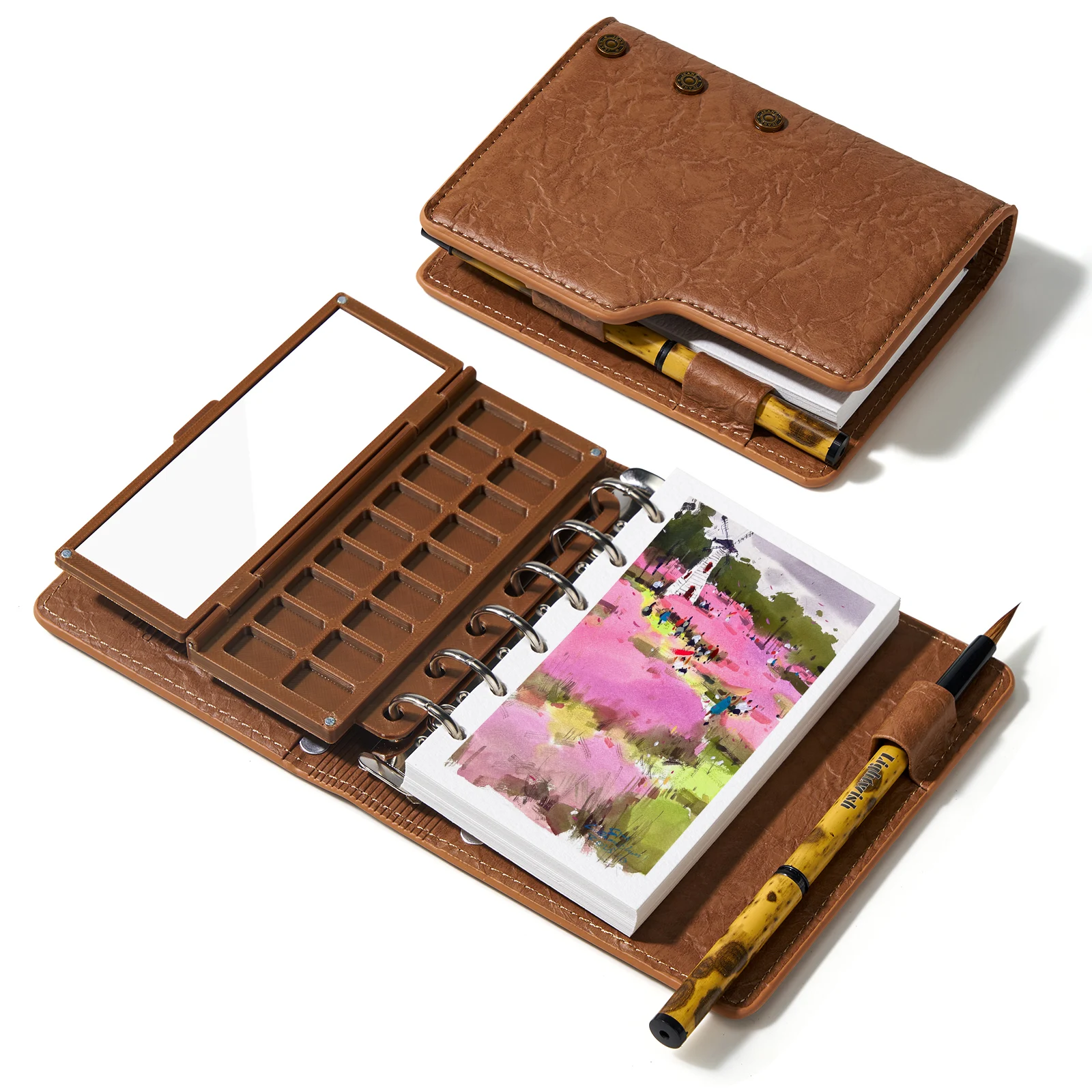 

Портативный набор акварельных альбомов для рисования — 5,1x3,0 дюйма, 20 листов папоров, художественный журнал с 18-лунковой керамической палитрой и кистью для улицы