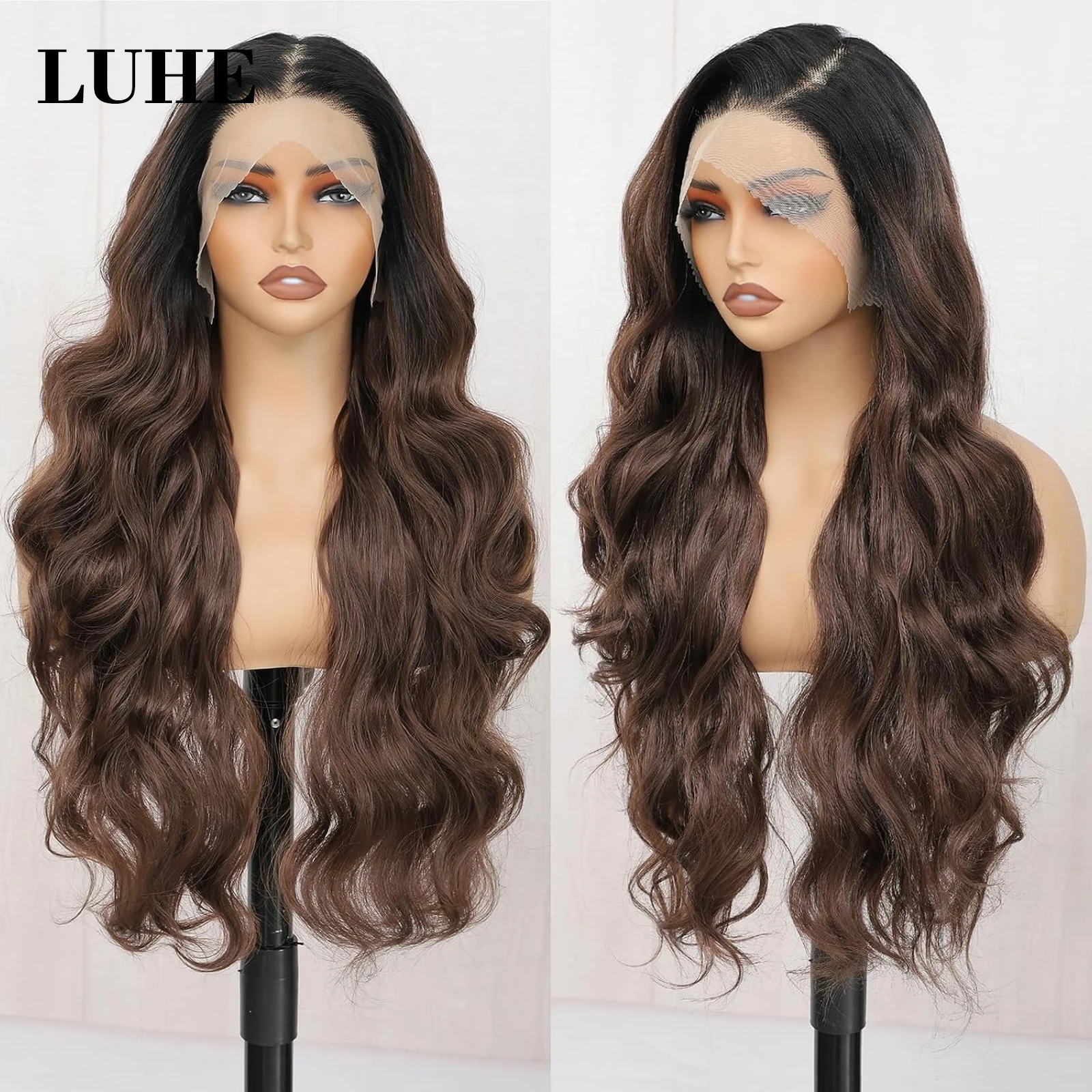 13x3 Lace Front Wigs for Black Women Ombre Brown Color Body Wave Synthetic Hair Wig Dark Roots 26Inch Long Wavy Lace Frontal Wig