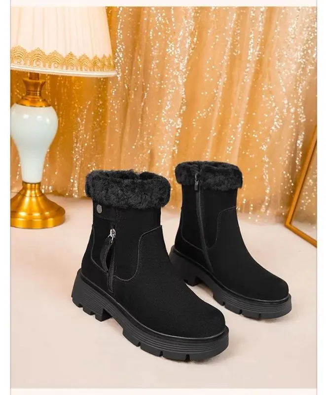 Boots For Women Round Toe Side Zipper Motorcycle Boots 2024 Winter New Suede Platform Shoes Mid Calf Flat With Shoes Casual New
