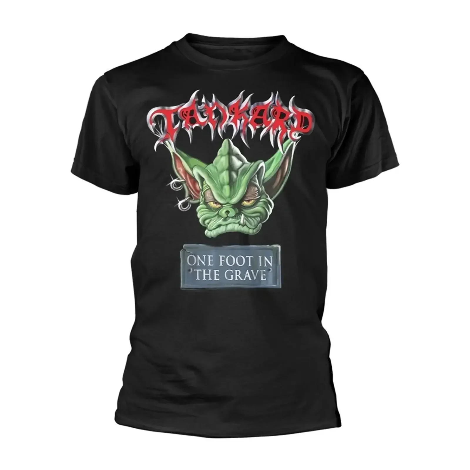 TANKARD ONE FOOT IN THE GRAVE SCHWARZES T-Shirt mit Aufdruck vorne und hinten, mittelgroß, Vintage-Stil, leicht gewaschen, für den Alltag geeignet, dehnbar
