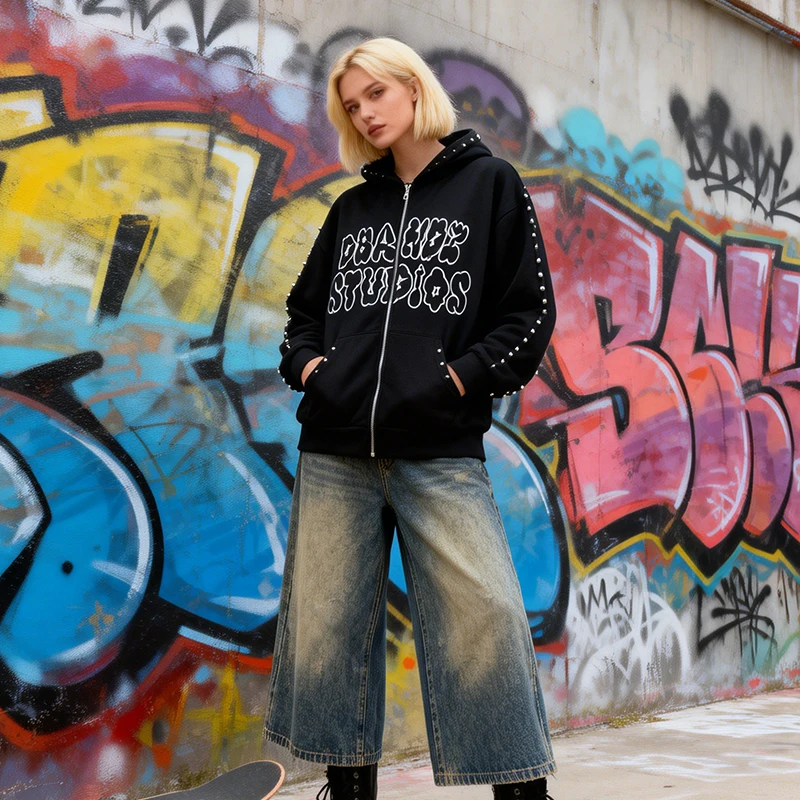 

Американский хип-хоп кардиган с принтом-надписью и декором в виде круглых элементов, на молнии, повседневный свободный унисекс худи в уличном стиле