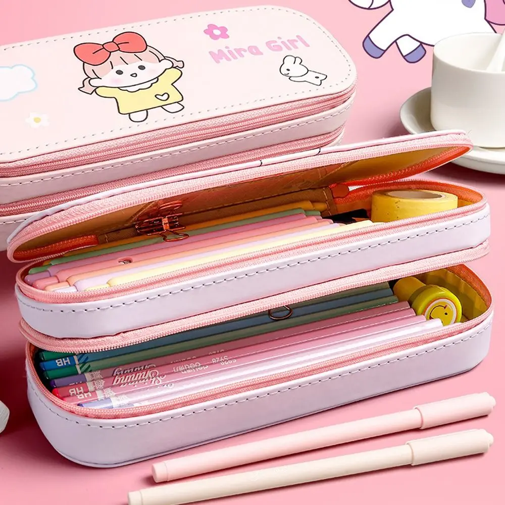 Cartoon Large Capacity Pencil Case Multi-function Double-Layer Stationery Box PU Waterproof Pen Box Student School Supplies