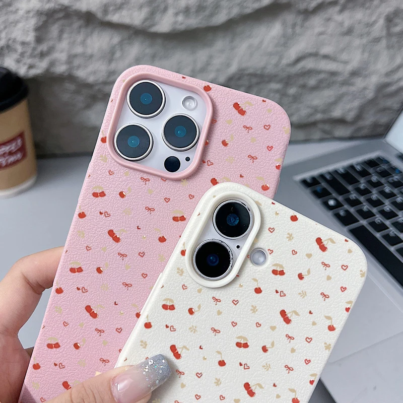 حافظة من السيليكون المقاوم للصدمات لهاتف آيفون اير 17 16 15 14 13 12 برو ماكس 17 12 برو 11 16e نسيج جلدي من البولي يوريثان الكرز الصغير كوف