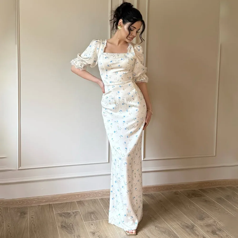 EINY Korean Women Floral Print Slim Long Dresses Casual Half Puff Sleeve A-Line Dress Elegant Satin Vacation Birthday Skirt y2k