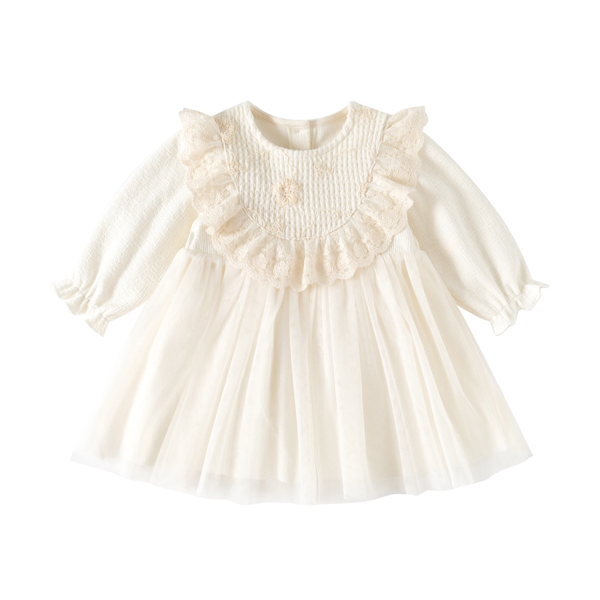 فساتين أطفال مكشكشة من الدانتيل لربيع الخريف فستان الأميرة للفتيات الكامل