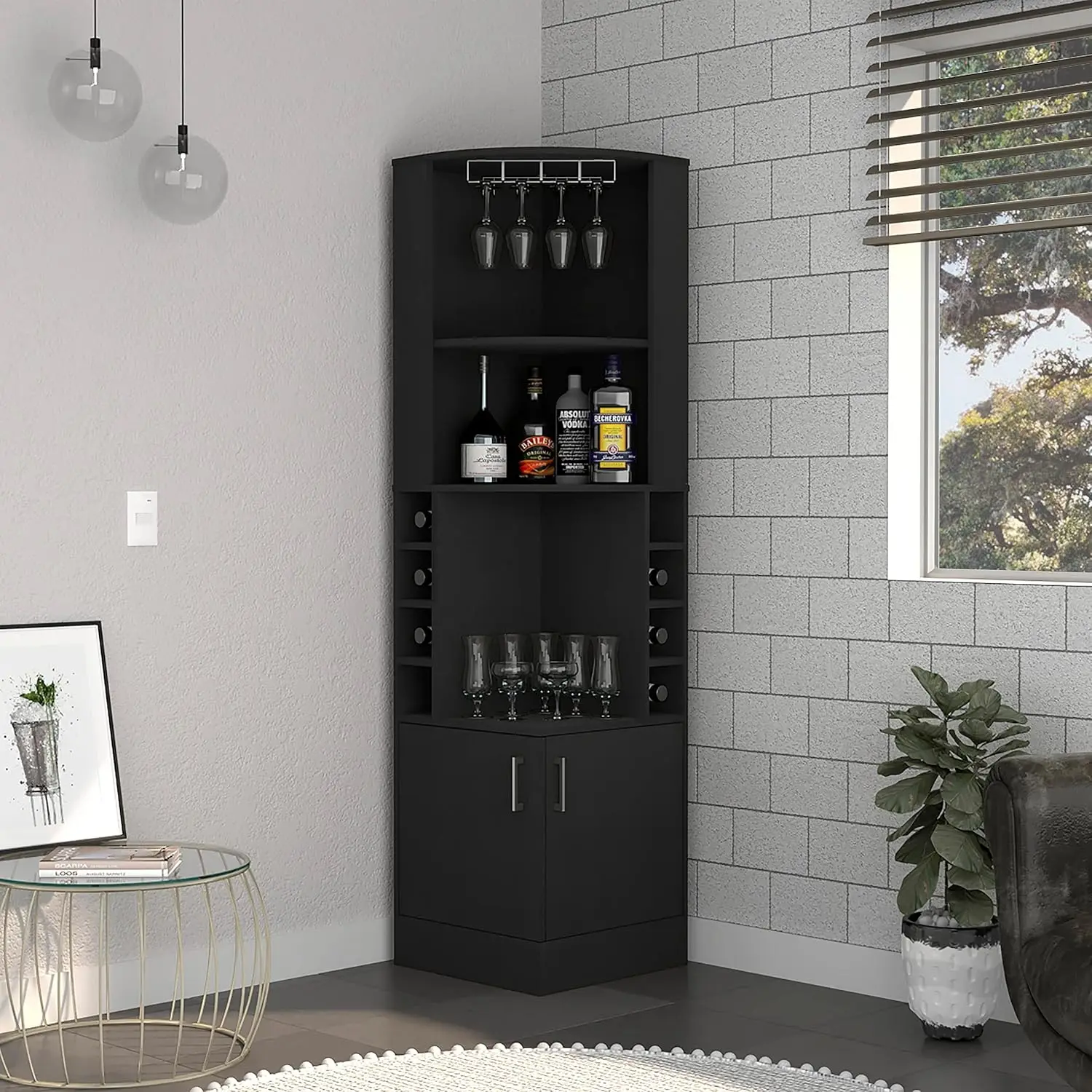 Cairo Corner Bar Cabinet with Glass Rack, Multiple Shelves, and 8 Wine Cubbies, Black