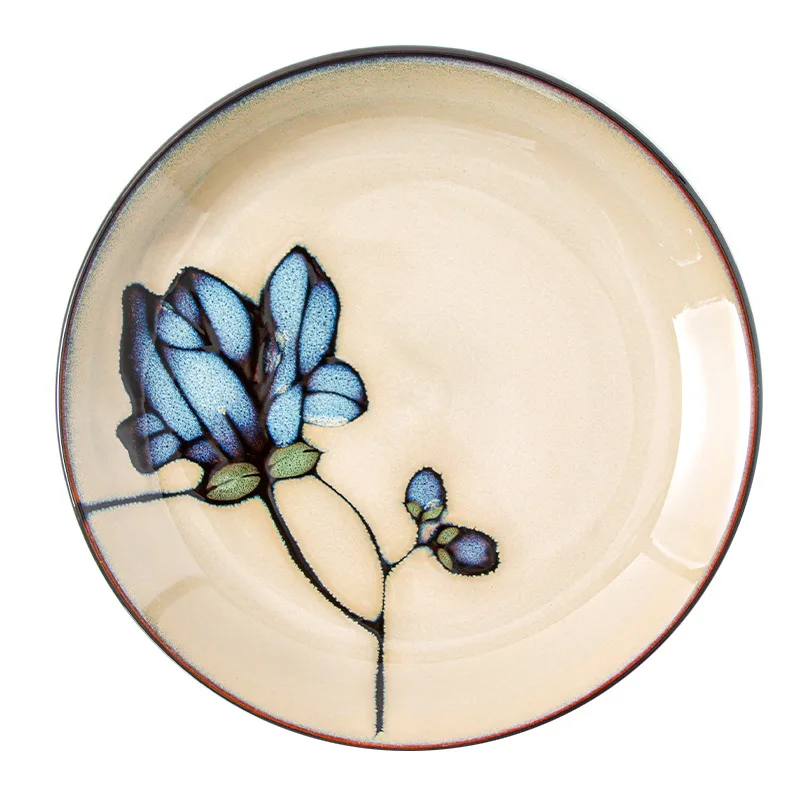 Ceramic hand-painted flowers creative dish plate Japanese tableware household fish plate round fruit plate kiln change rice bowl